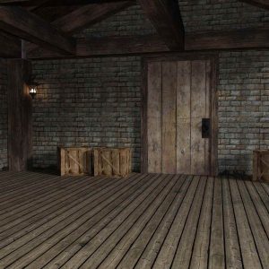 Salle en bois avec plancher, murs de brique, porte, caisses, lampe murale